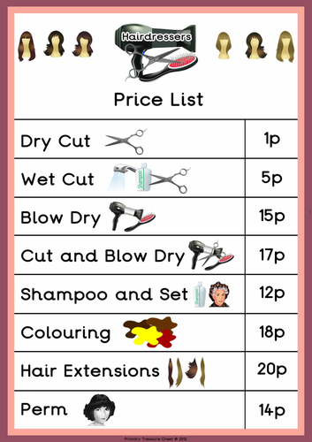 Hairdressers Role Play Price List
