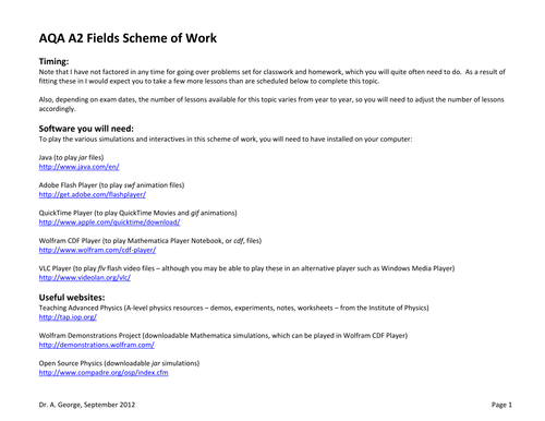 AQA A2 Physics Fields Scheme of Work with weblinks