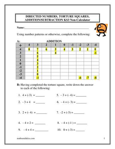 introducing directed numbers ks3 with answers teaching resources