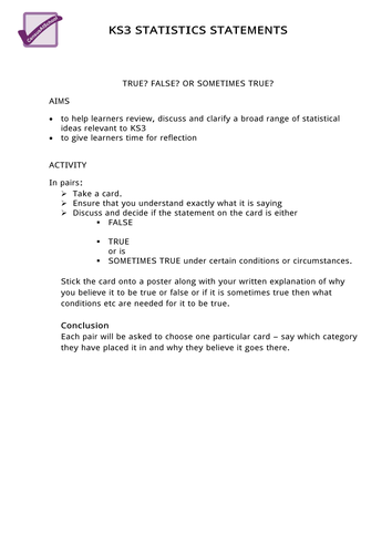 KS3 Statistics Statements - True Or False?
