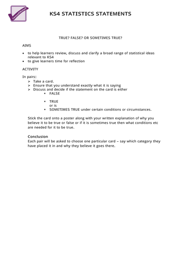 KS4 Statistics Statements - True Or False?