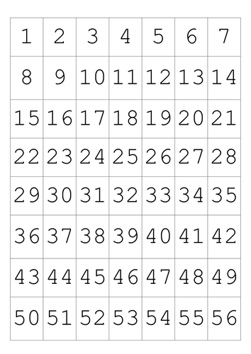 1-100 number cards on two A4 sheets