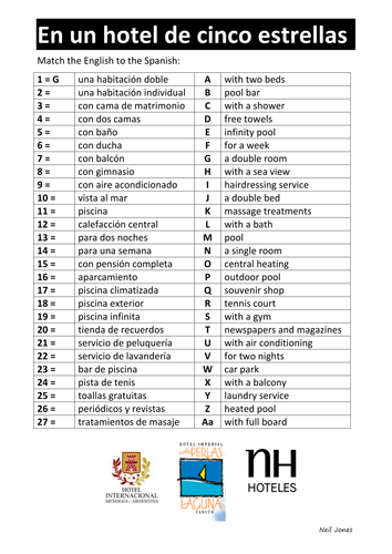 vocabulary worksheet ks3 Resources Hotels by   Boca El Spanish Juniors Hotel