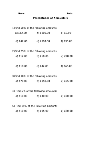 Percentages of amounts | Teaching Resources