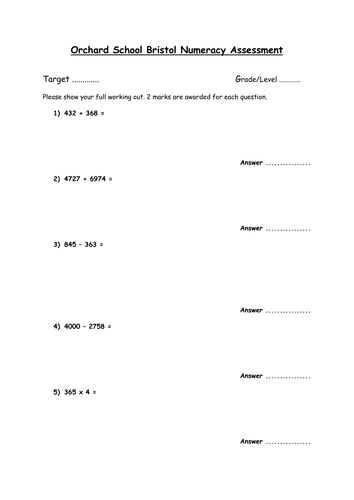 Numeracy Test and assessment sheet Level 3-5