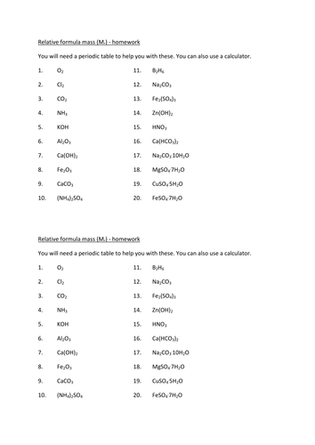 Relative formula Mass worksheet and answer sheet