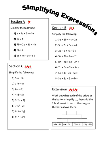 simplifying expressions differentiated worksheet teaching resources