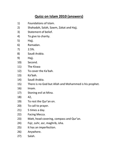 Islam Quiz Answers 2010docx Word Document Teaching Resources 6955