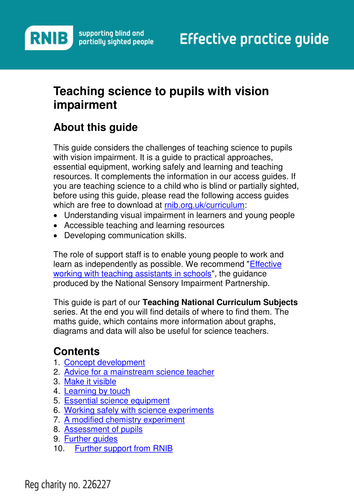 RNIB guide. Teaching science to pupils with VI