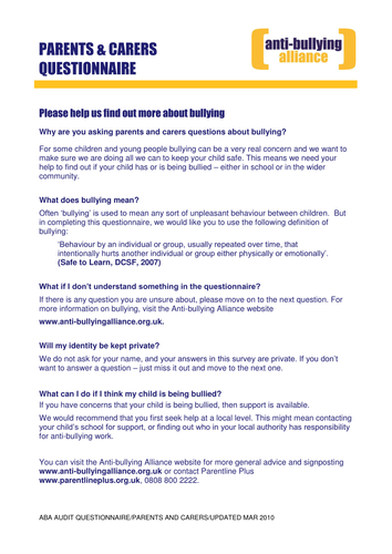 Bullying Audit questionnaire for parents & carers