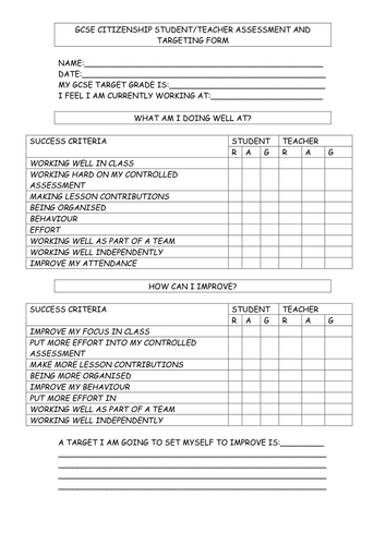 GCSE Citizenship Student-Teacher Target Setting | Teaching Resources