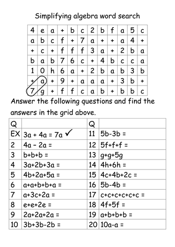 Simplifying Expressions; Low Ability Wordsearch