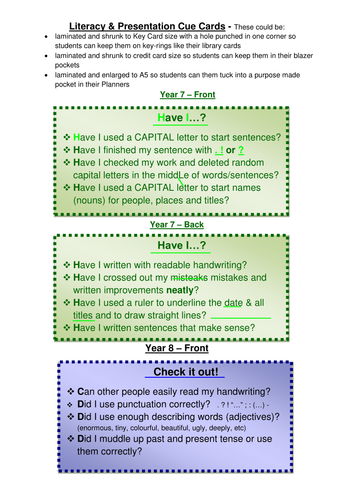 Literacy and Presentation Cue cards