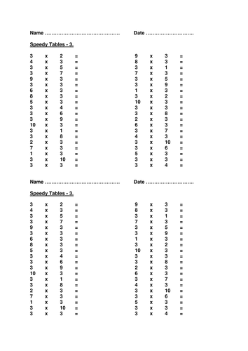 Times tables sheets