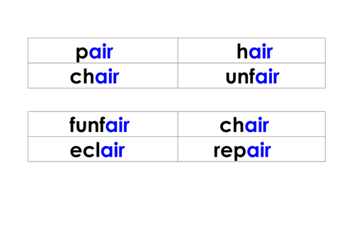 Bingo and Matching Pairs for trigraph 'air'