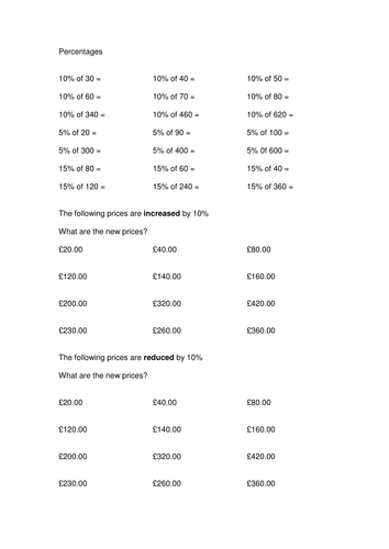 Percentage Worksheet (1) | Teaching Resources