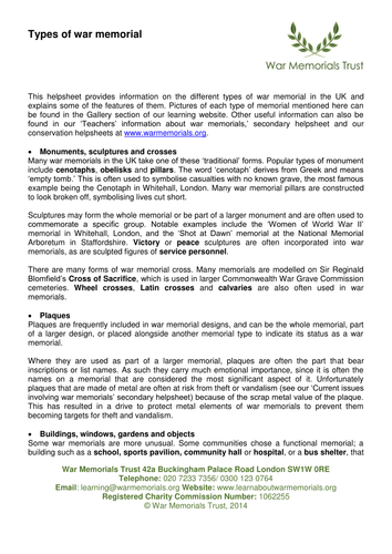 Types of war memorial secondary helpsheet