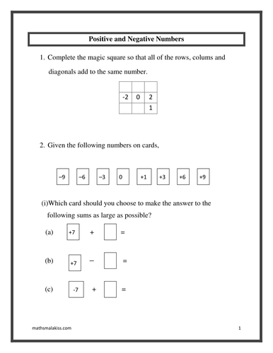 Directed Numbers Addition and Subtraction+answers