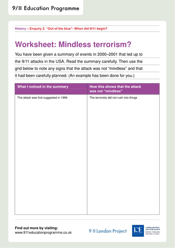 'Out of the Blue' - Mindless Terrorism Worksheet