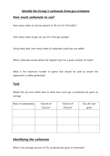 Molar Calculation-Identify carbonate gas volume | Teaching Resources