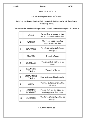 Keyword Definition Match Up Teaching Resources