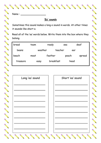 for free digraph kindergarten worksheets 'ea'  worksheet. Teaching by Resources   sineadb975 sound Tes