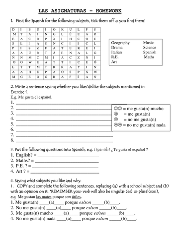 School Subjects Worksheet Spanish