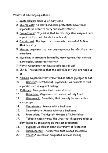 Questions for the variety of life bingo game