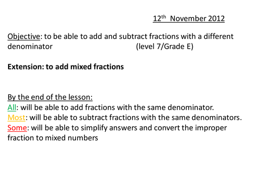 Add Subtract Fractions Different Denominator (7/C) | Teaching Resources