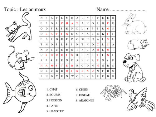 French Pets Wordsearch and colouring in activity