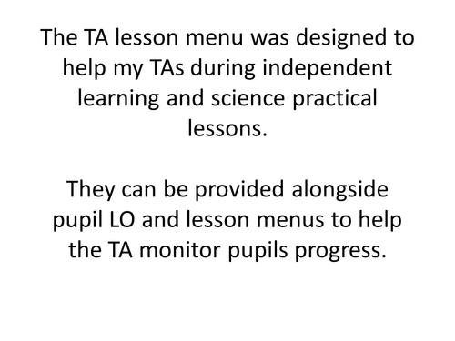 Lesson menu for teaching assistants