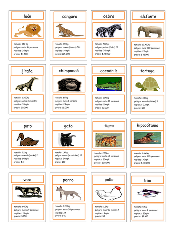 Animal top trumps in Spanish - game to go
