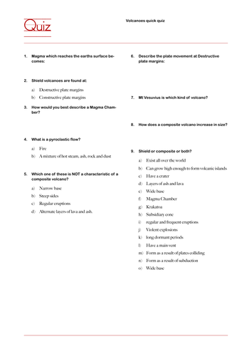 Quick assessment activity for volcanoes