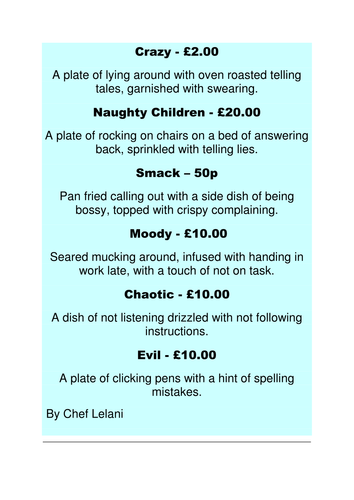 Little Wolf: Menu to make your teacher angry