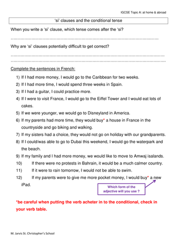 IGCSE French Topic A: if clauses