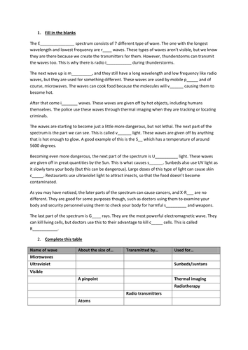 Several Electromagnetic Spectrum Worksheets Teaching Resources