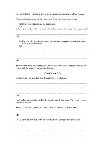Obtaining metals (Iron)
