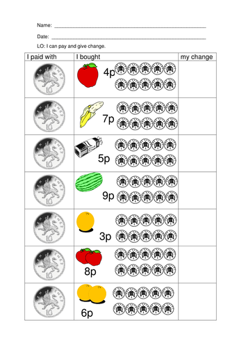 Finding change from 10p, 15p, 20p and £1