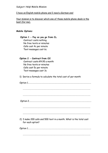Deriving Formulae for mobile phone contracts