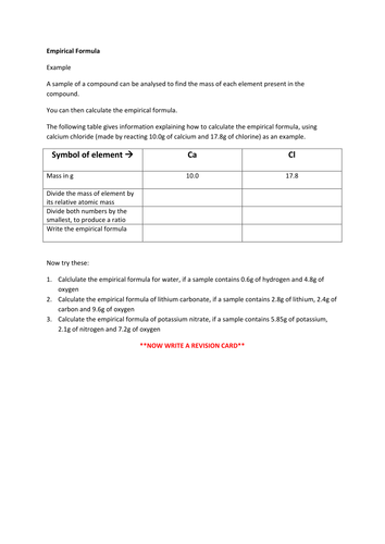 Empirical Formula Worksheet