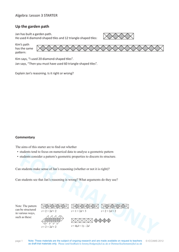 Algebra Starter - Up the Garden Path