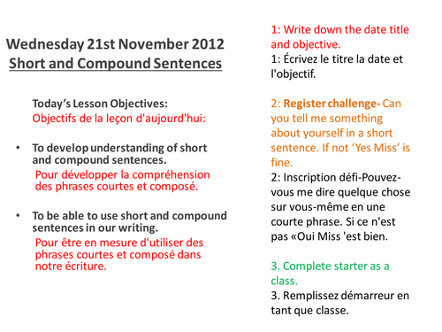 Level 2 to 3 Writers Short and Compond Sentences