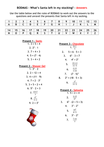 whats santa left in my stocking bodmas teaching resources