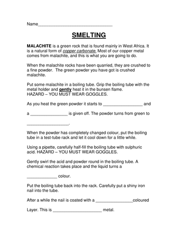 Smelting worksheet