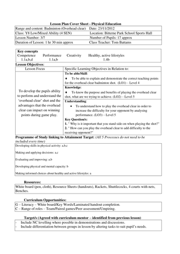 Badminton Overhead Clear Lesson Plan Teaching Resources