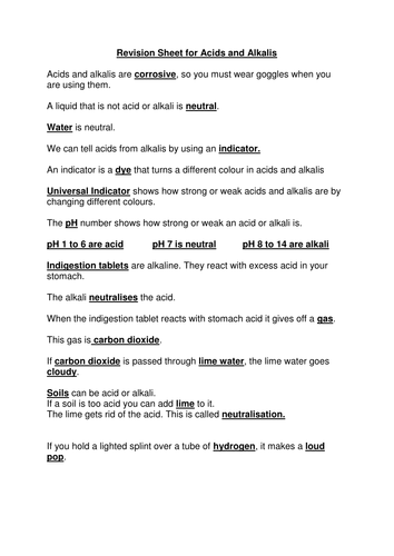 Acids and Alkalis revision sheet part 2
