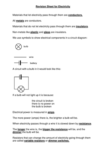 Electricity revision sheet