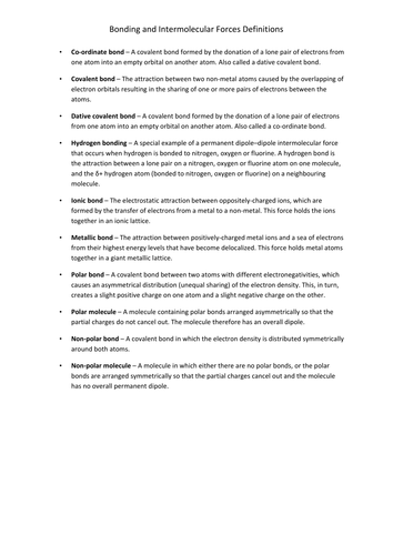 AS Bonding and Intermolecular Forces Definitions