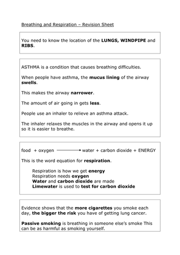 Breathing revision sheet