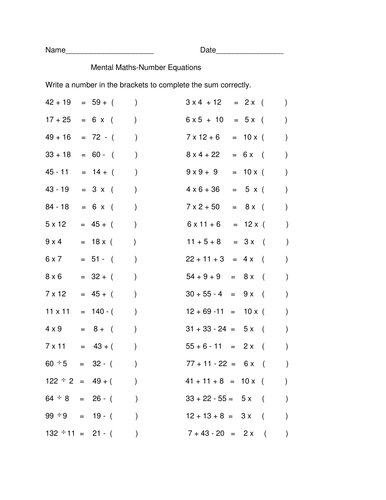 Mental Maths-Number Equations | Teaching Resources